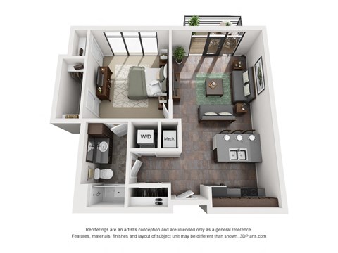 Floor plan for 1 bed, 1 bath, 722 sqft